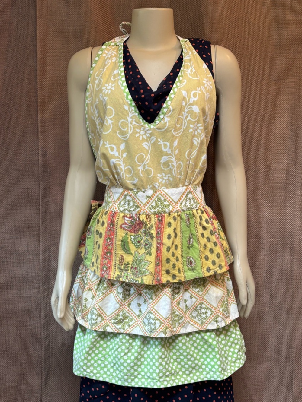 Tiered Floral & Polka Dot Apron Dress in Yellow and Green